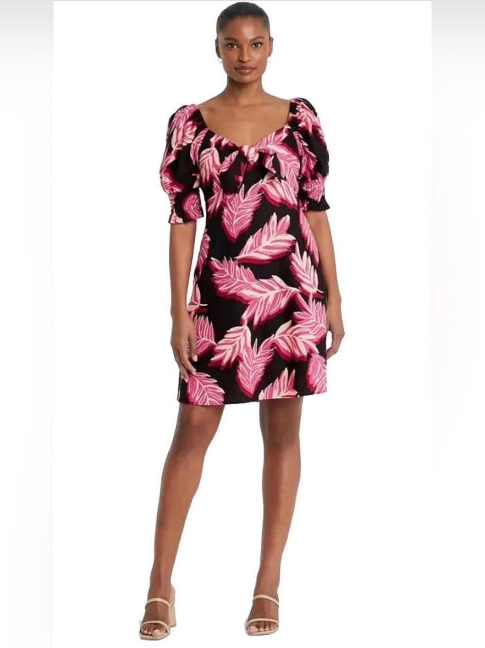 Who What Wear Black Mini Dress with Pink Leaf Print